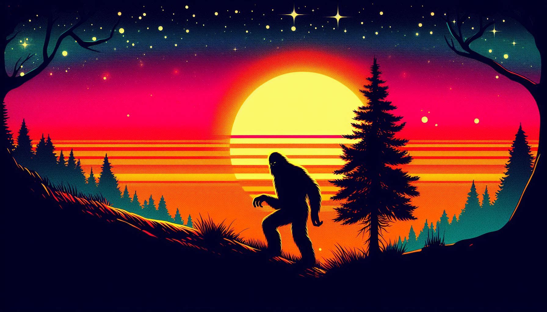 Bigfoot silhouette walking past a sunset